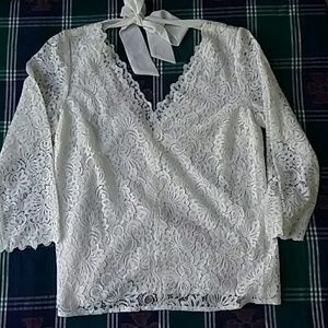 White Sézane lace tie-back blouse 3/4 sleeve